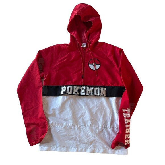 Pokémon Trainer Unisex Windbreaker Raincoat Size XXS Red White front zip pocket - Picture 2 of 9
